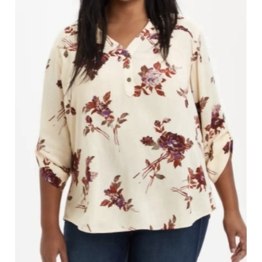 Torrid Harper Floral Blouse Cream Burgundy Roll Tab Sleeve Rayon‎ Size 0 gf